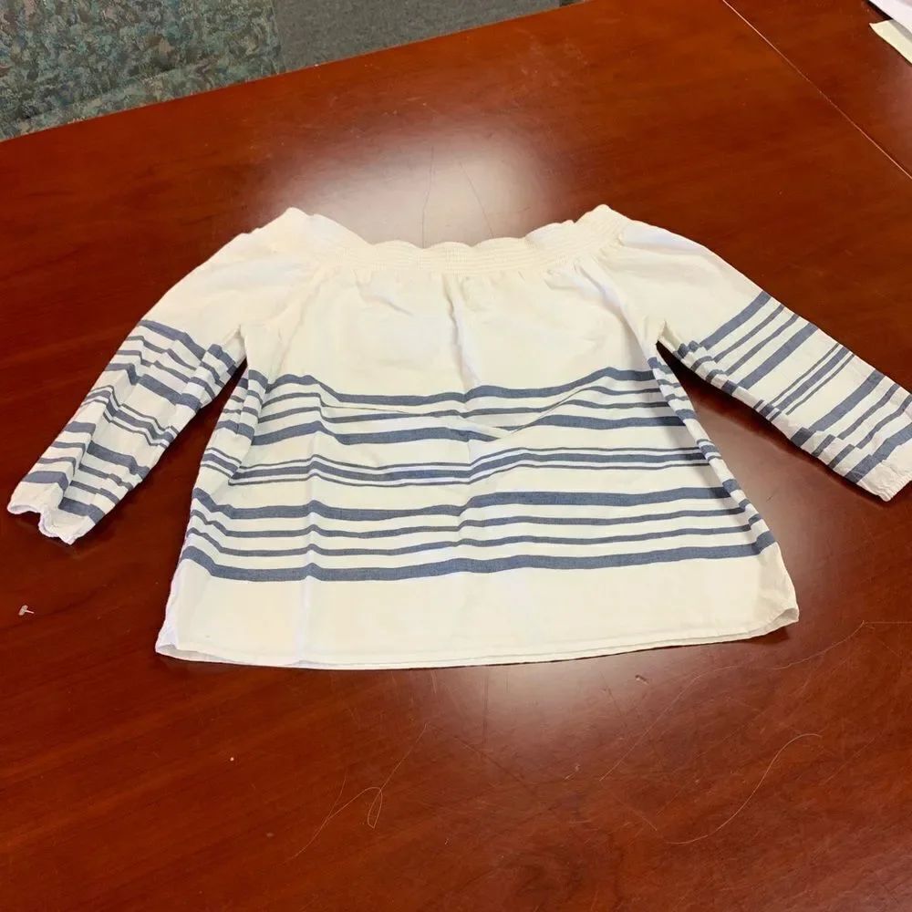 Vineyard Vines White w/ Chambray Stripe Off the Shoulder Blouse Top sz S EUC